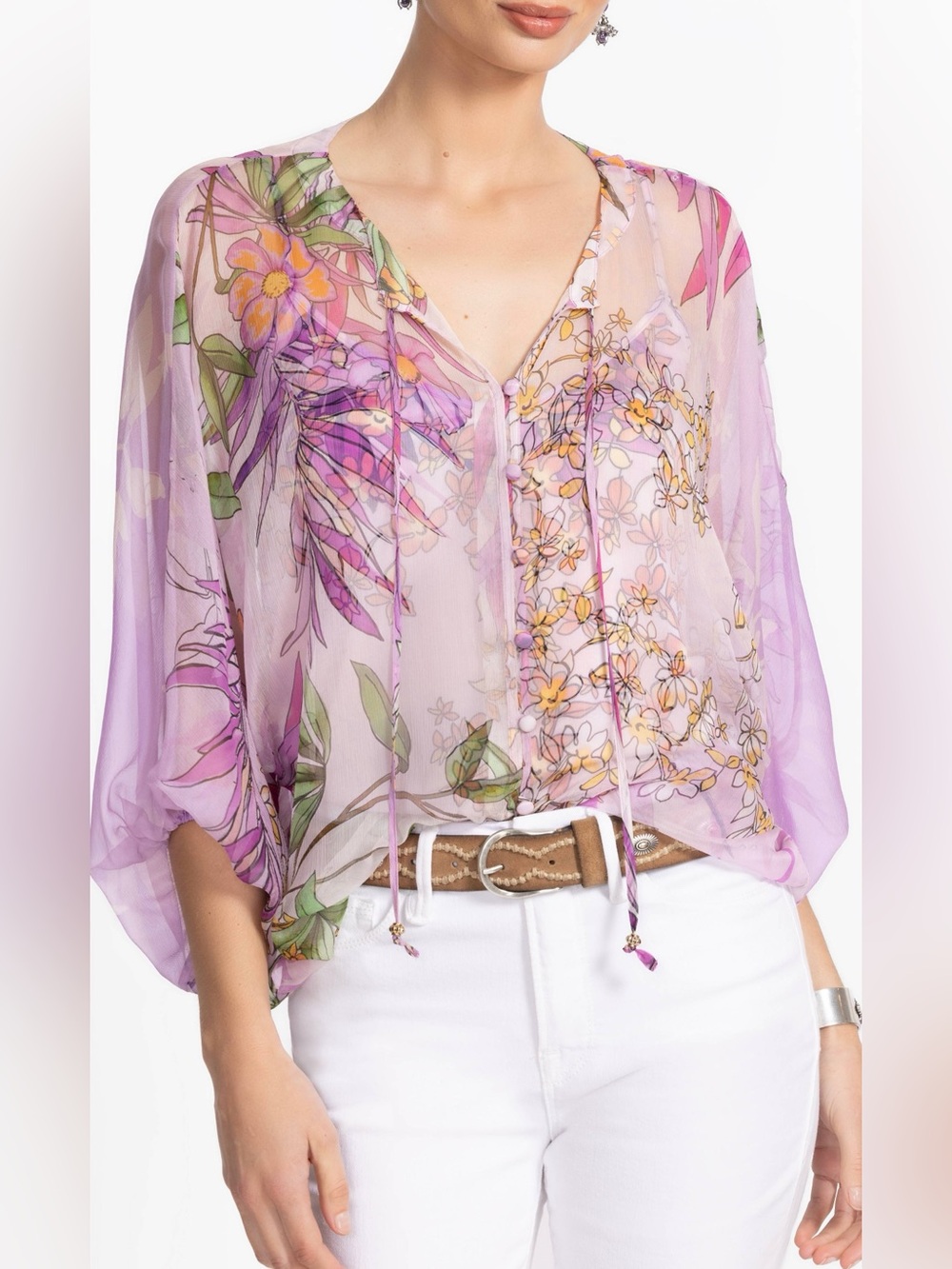 Johnny Was Jade Harlyn Dallia Silk Flowy Floral Button Front Blouse Cami Set M